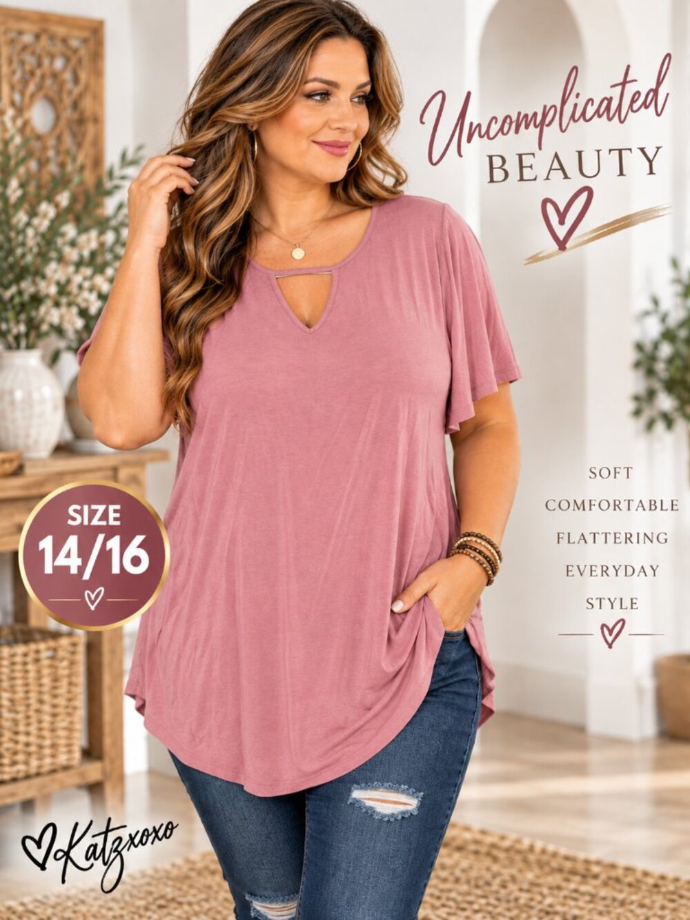 Lane Bryant Dusty Rose Keyhole Tunic Top Flutter Sleeve Plus Size 14/16 Pink Tee